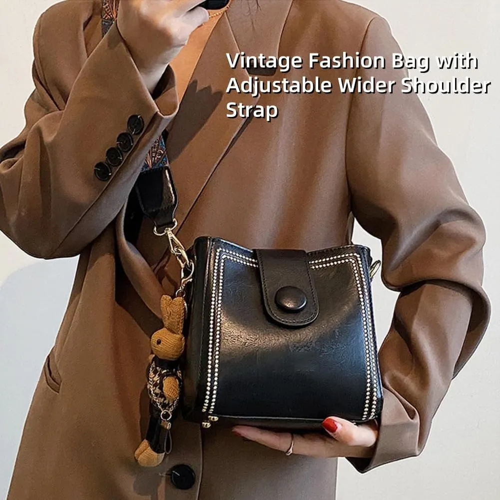 Leather Vintage Fashion Bag with Adjustable Wider Shoulder Strap, Vintage Bucket Bags for Women, Fashion Vintage Bag