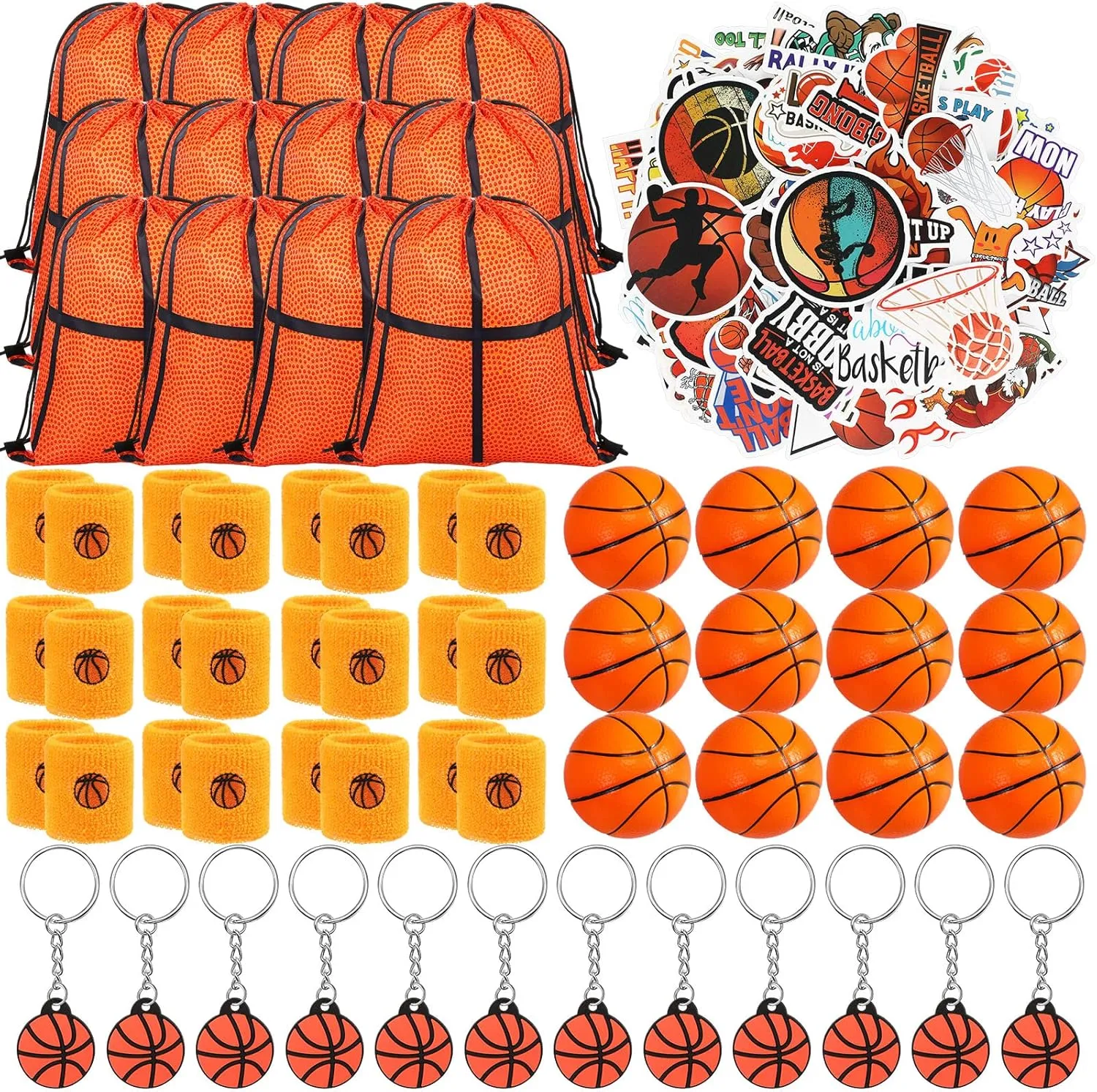 LEIFIDE 148 Pcs Basketball Party Favors Include Basketball Gift Bags with Drawstring, Sports Wristbands, Mini , Keychain Sticker Birthday Team Gift for sports lover Party Supplies