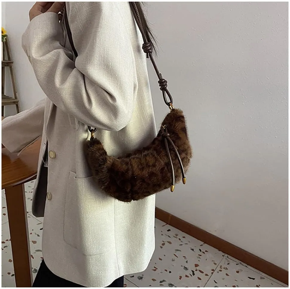 Leopard Fluffy Sling Dumpling Bag Cheetah Print Fuzzy Furry Shoulder Crossbody Crescent Bag Leopard Plush Horn Bag