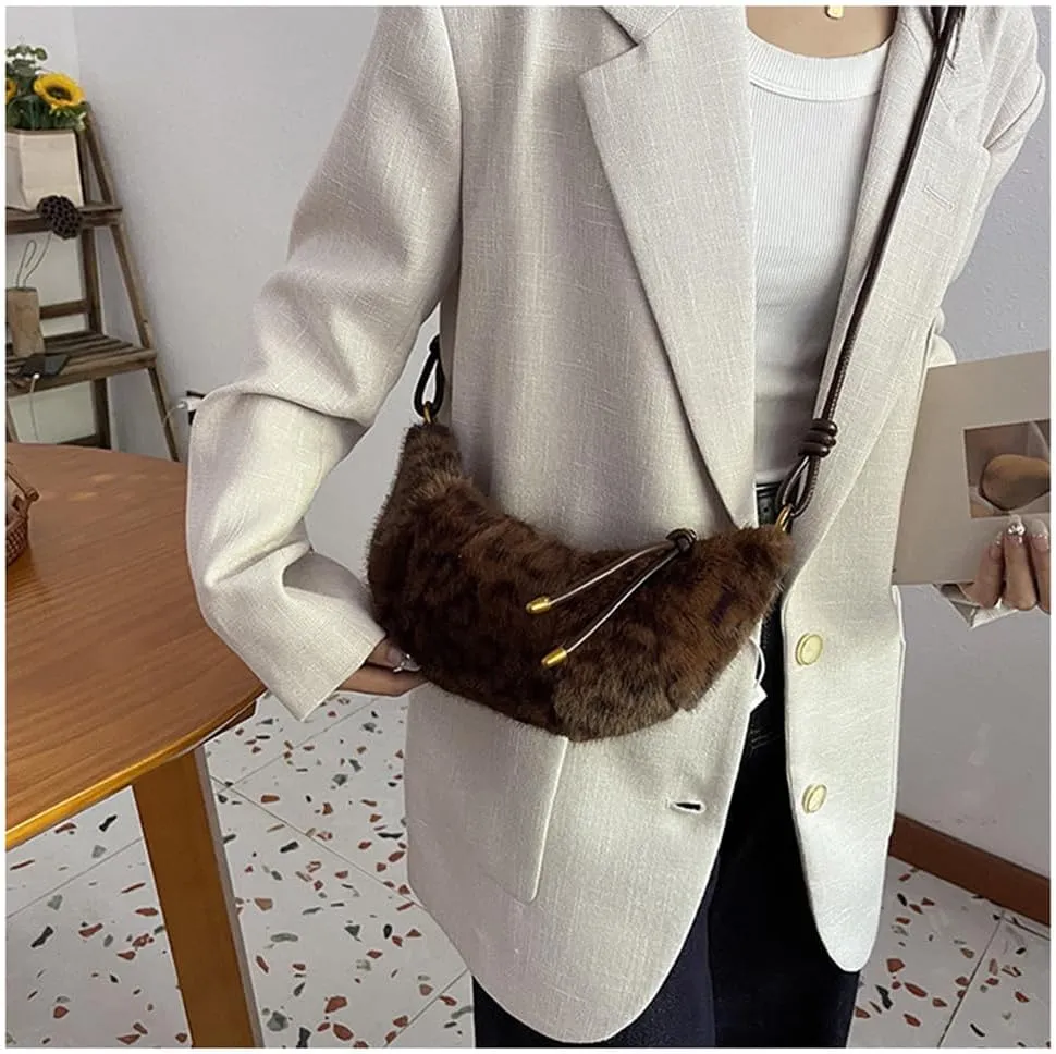 Leopard Fluffy Sling Dumpling Bag Cheetah Print Fuzzy Furry Shoulder Crossbody Crescent Bag Leopard Plush Horn Bag