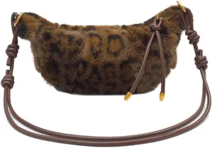 Leopard Fluffy Sling Dumpling Bag Cheetah Print Fuzzy Furry Shoulder Crossbody Crescent Bag Leopard Plush Horn Bag