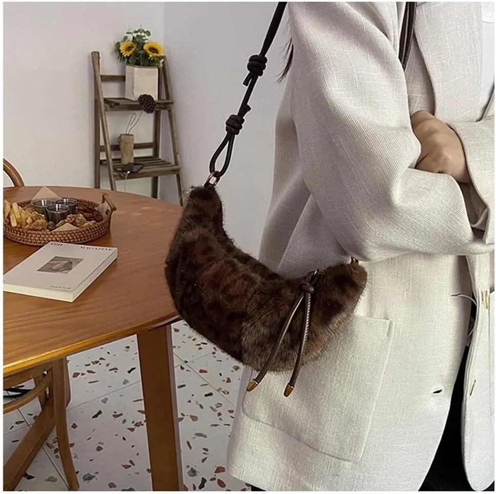 Leopard Fluffy Sling Dumpling Bag Cheetah Print Fuzzy Furry Shoulder Crossbody Crescent Bag Leopard Plush Horn Bag