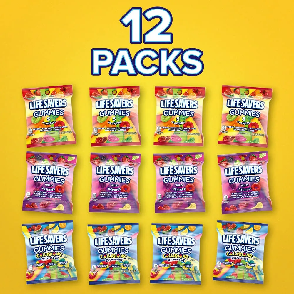 LIFE SAVERS Wild Berry, Collisions and 5 Flavors Gummy Candy Variety Pack Bulk Assortment Variety Box, 12 Count Bags, Bulk Gummy Candy