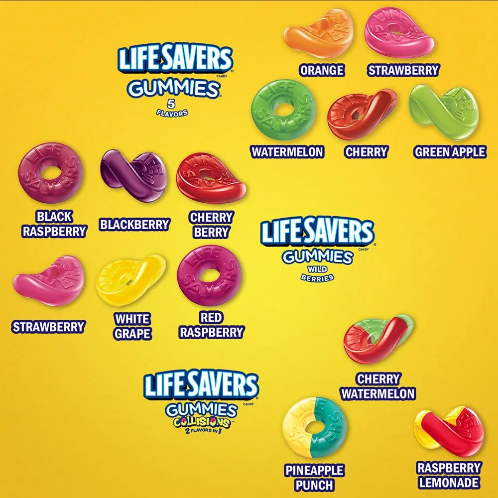 LIFE SAVERS Wild Berry, Collisions and 5 Flavors Gummy Candy Variety Pack Bulk Assortment Variety Box, 12 Count Bags, Bulk Gummy Candy