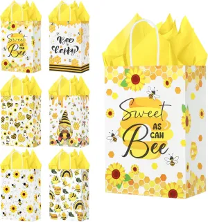 Liobelon 24 Pcs Bee Printed Tote Bags with Decorative Tissue Paper, Honey Bee Paper Candy Gift Goodie Bag with Handles for Spring Summer Garden Party Birthday Baby Shower (bee)