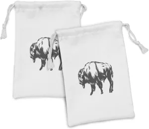 Lunarable Bison Fabric Pouch Set of 2, American Buffalo Anger Wilderness Grassland Mammal Danger Eager Illustration, Small Drawstring Bag for Toiletries Masks and Favors, 9" x 6", Charcoal Grey White