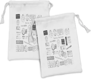 Lunarable Black and White Fabric Pouch Set of 2, 19 Different Postal Marks Special Delivery Postage Mail Theme, Small Drawstring Bag for Toiletries Masks and Favors, 9" x 6", Black Grey White