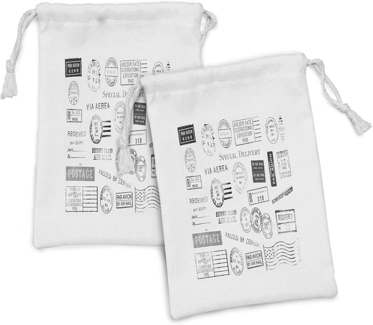 Lunarable Black and White Fabric Pouch Set of 2, 19 Different Postal Marks Special Delivery Postage Mail Theme, Small Drawstring Bag for Toiletries Masks and Favors, 9" x 6", Black Grey White