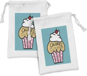 Lunarable Cupcake Fabric Pouch Set of 2, Dessert with Calories Don't Count on Weekend Hand Written Typography Eating Weight, Small Drawstring Bag for Toiletries Masks and Favors, 9" x 6", Multicolor