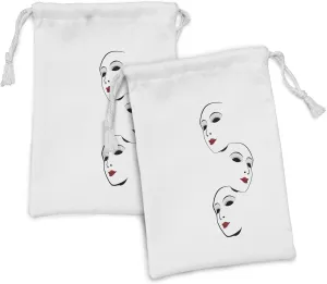 Lunarable Masquerade Fabric Pouch Set of 2, Faces Theatrical Dramatic Actor Tragedy Performance Classic Arts Theme, Small Drawstring Bag for Toiletries Masks and Favors, 9" x 6", White Red Black