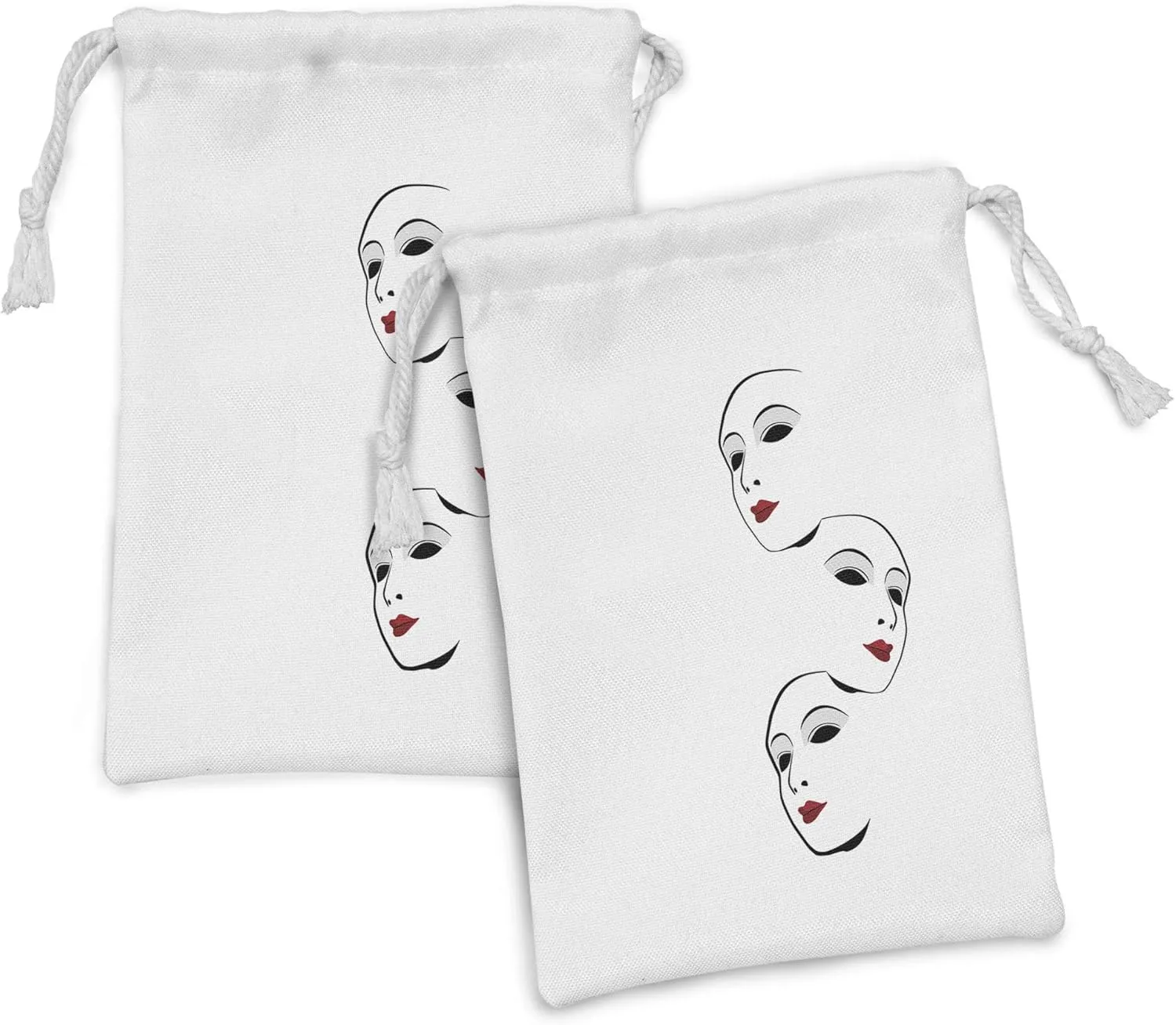 Lunarable Masquerade Fabric Pouch Set of 2, Faces Theatrical Dramatic Actor Tragedy Performance Classic Arts Theme, Small Drawstring Bag for Toiletries Masks and Favors, 9" x 6", White Red Black