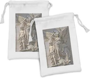 Lunarable Retro Fabric Pouch Set of 2, Composition at the Facade of the Opera Garnier Paris Historical Masonry, Small Drawstring Bag for Toiletries Masks and Favors, 9" x 6", Cream Tan