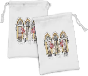 Lunarable Urban Fabric Pouch Set of 2, European Coffee Shop at Paris Streets with Flowerbeds and Parisian Romantic Print, Small Drawstring Bag for Toiletries Masks and Favors, 9" x 6", Multicolor