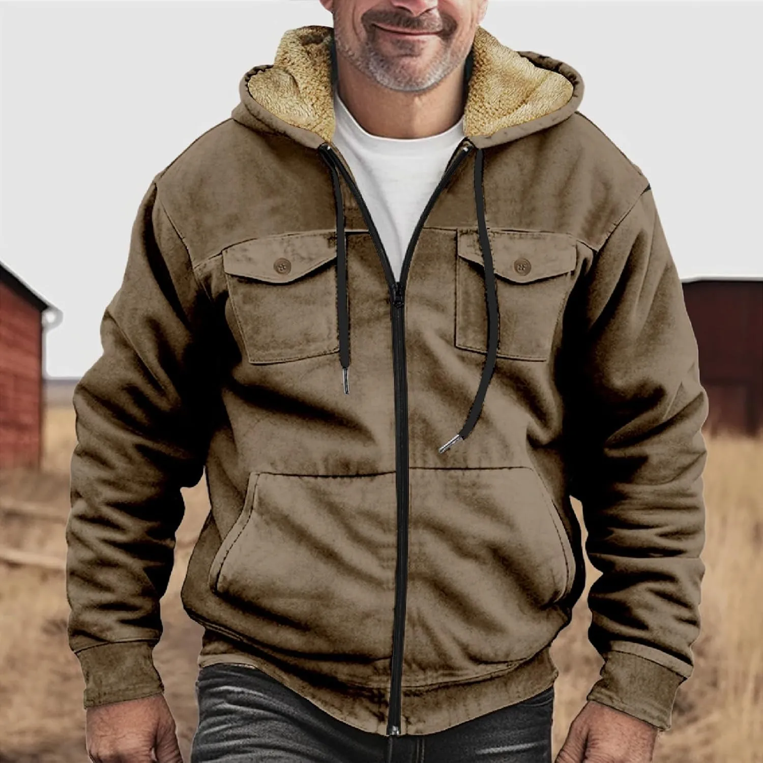 Men's Active Hoodies Jacket 2025 Winter Warm Thick Zip Big and Tall Warm Trucker Pullover with Hooded Coats Outwear