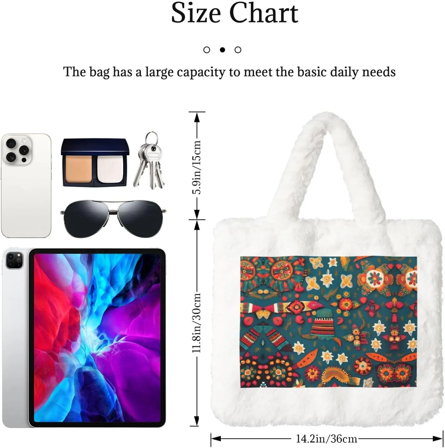 Mexican Folk Boho Printing Fluffy Shoulder Bag Ladies Plush Underarm Bag Tote Bag Furry Purse Handbag For Work Travel
