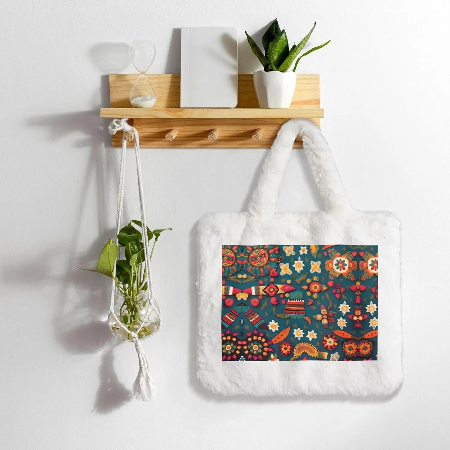 Mexican Folk Boho Printing Fluffy Shoulder Bag Ladies Plush Underarm Bag Tote Bag Furry Purse Handbag For Work Travel