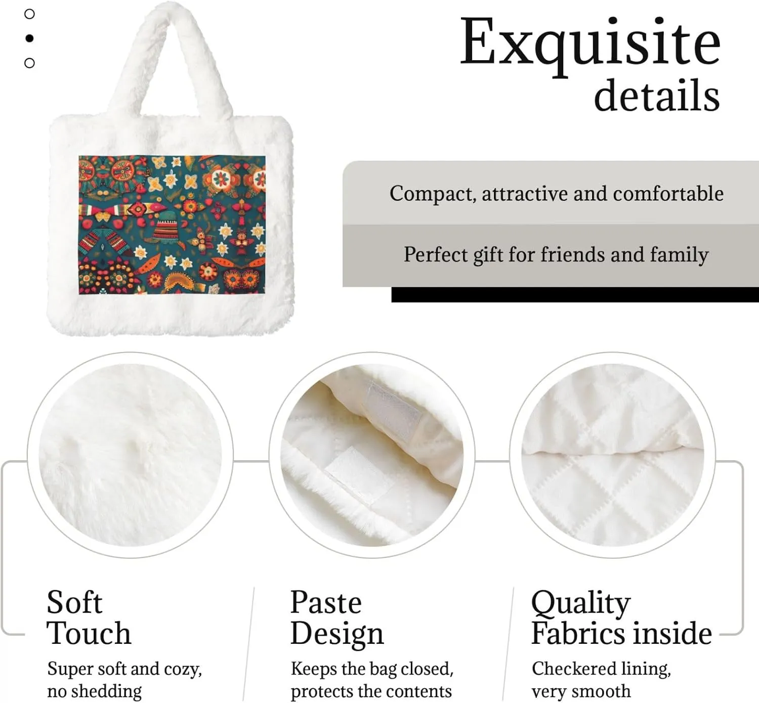 Mexican Folk Boho Printing Fluffy Shoulder Bag Ladies Plush Underarm Bag Tote Bag Furry Purse Handbag For Work Travel
