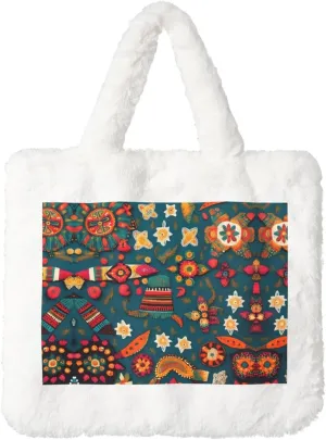 Mexican Folk Boho Printing Fluffy Shoulder Bag Ladies Plush Underarm Bag Tote Bag Furry Purse Handbag For Work Travel