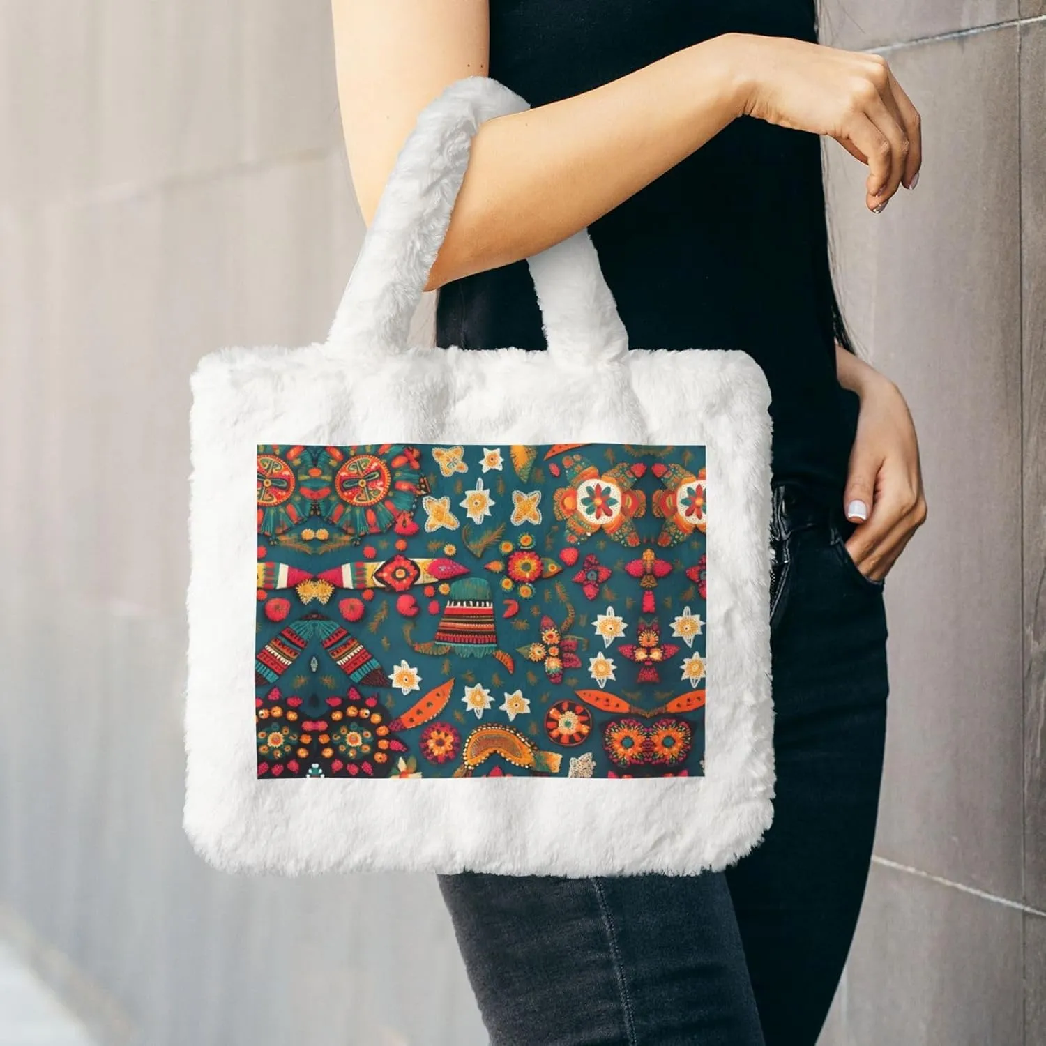 Mexican Folk Boho Printing Fluffy Shoulder Bag Ladies Plush Underarm Bag Tote Bag Furry Purse Handbag For Work Travel