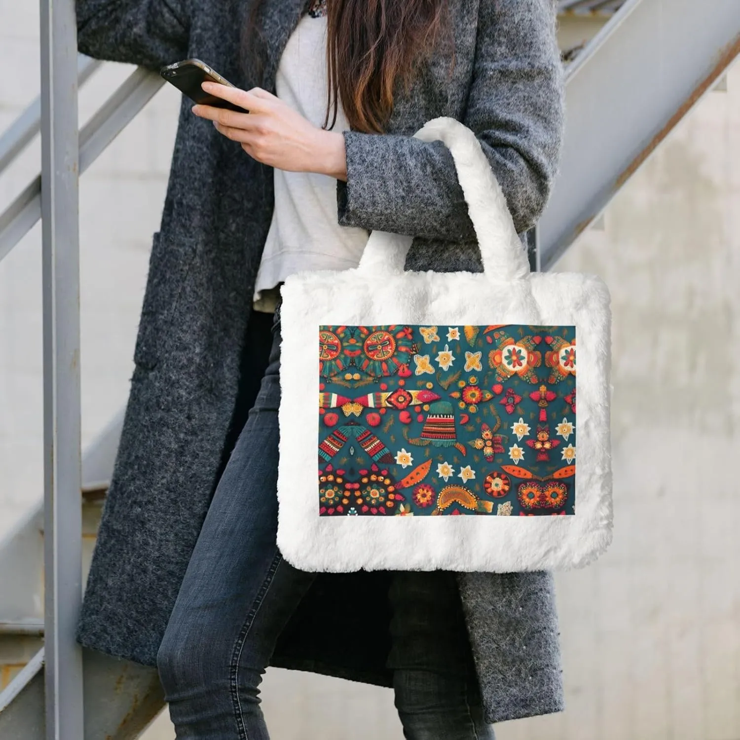 Mexican Folk Boho Printing Fluffy Shoulder Bag Ladies Plush Underarm Bag Tote Bag Furry Purse Handbag For Work Travel