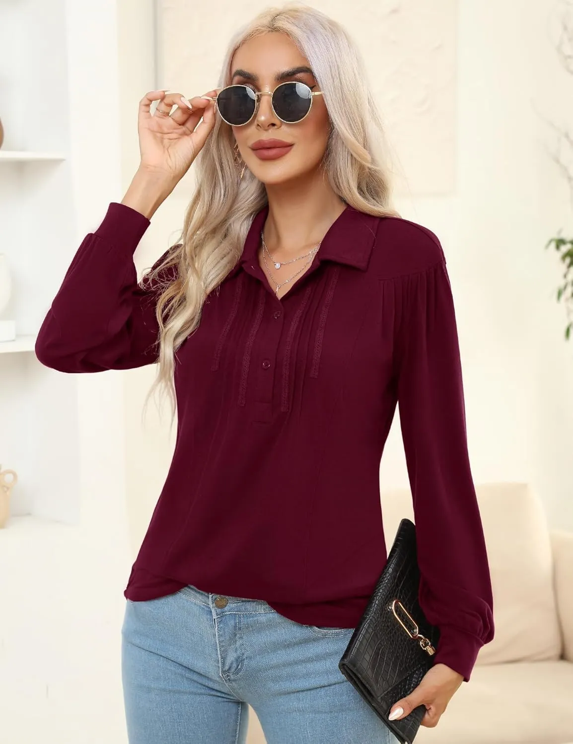 Micoson Polo Shirts for Women Long Sleeve Button Down Collared Tops Loose Casual Tunic Blouses