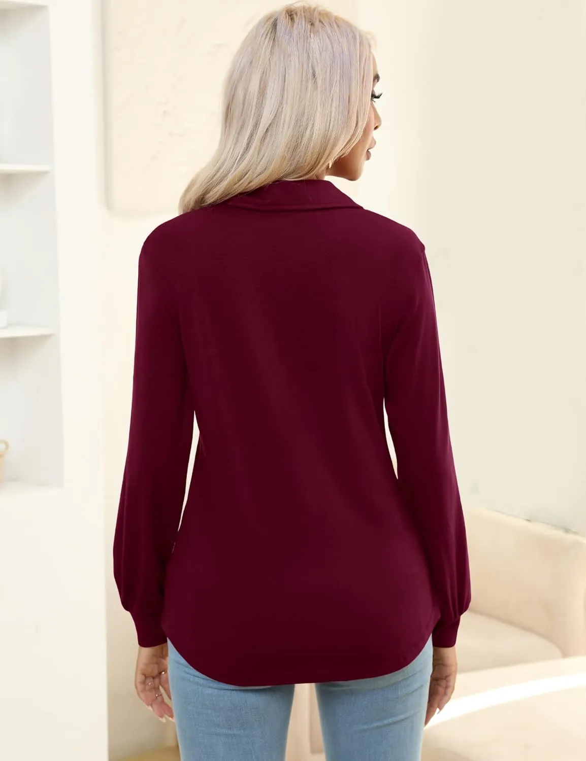 Micoson Polo Shirts for Women Long Sleeve Button Down Collared Tops Loose Casual Tunic Blouses