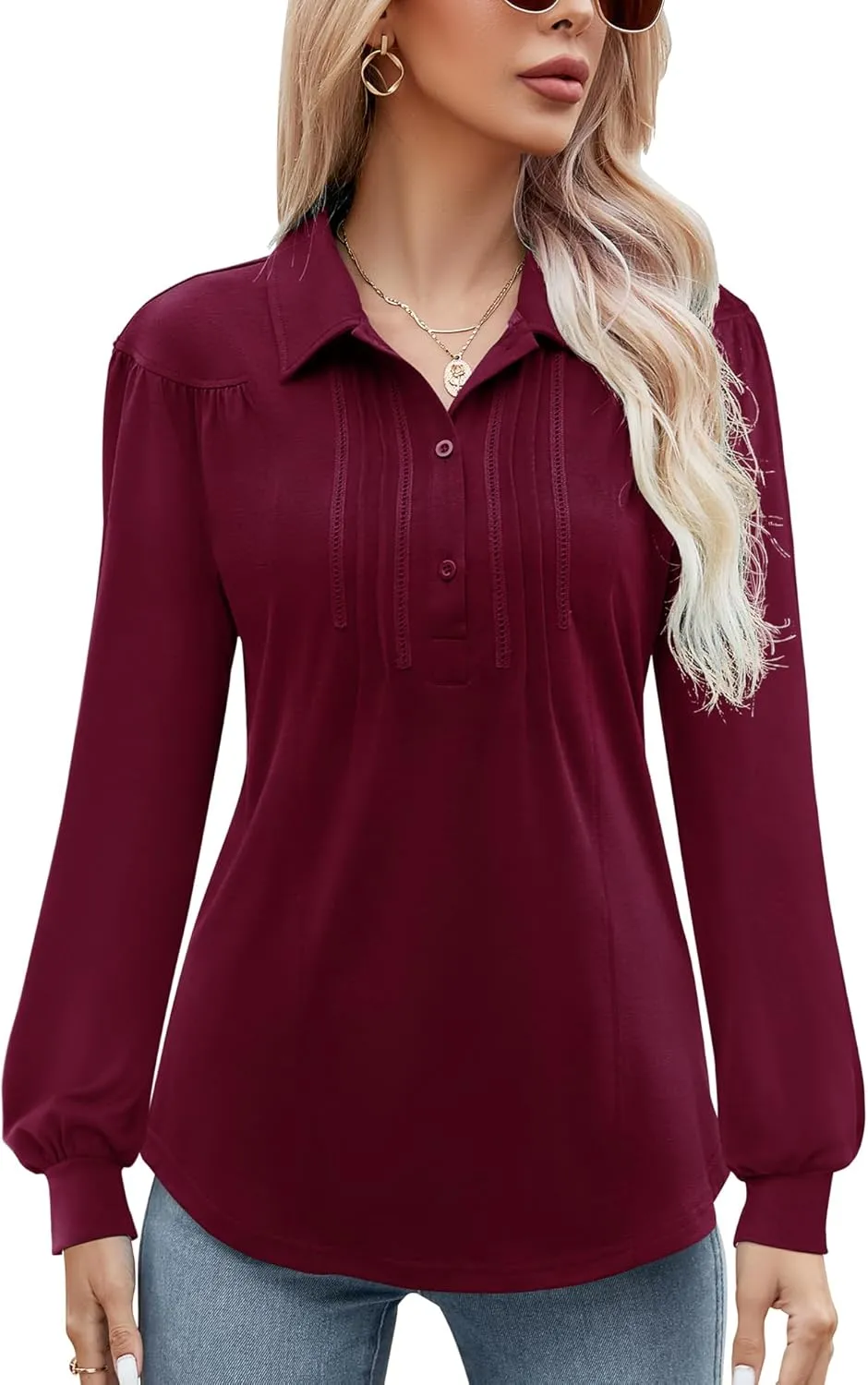 Micoson Polo Shirts for Women Long Sleeve Button Down Collared Tops Loose Casual Tunic Blouses