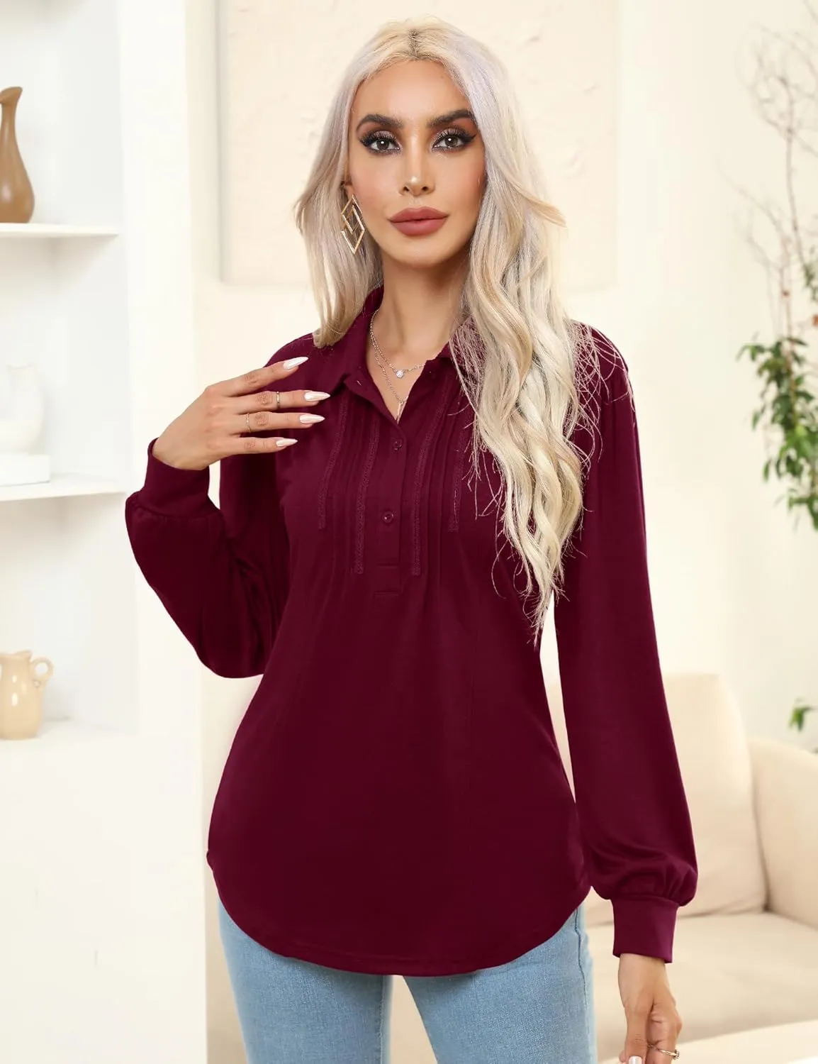 Micoson Polo Shirts for Women Long Sleeve Button Down Collared Tops Loose Casual Tunic Blouses