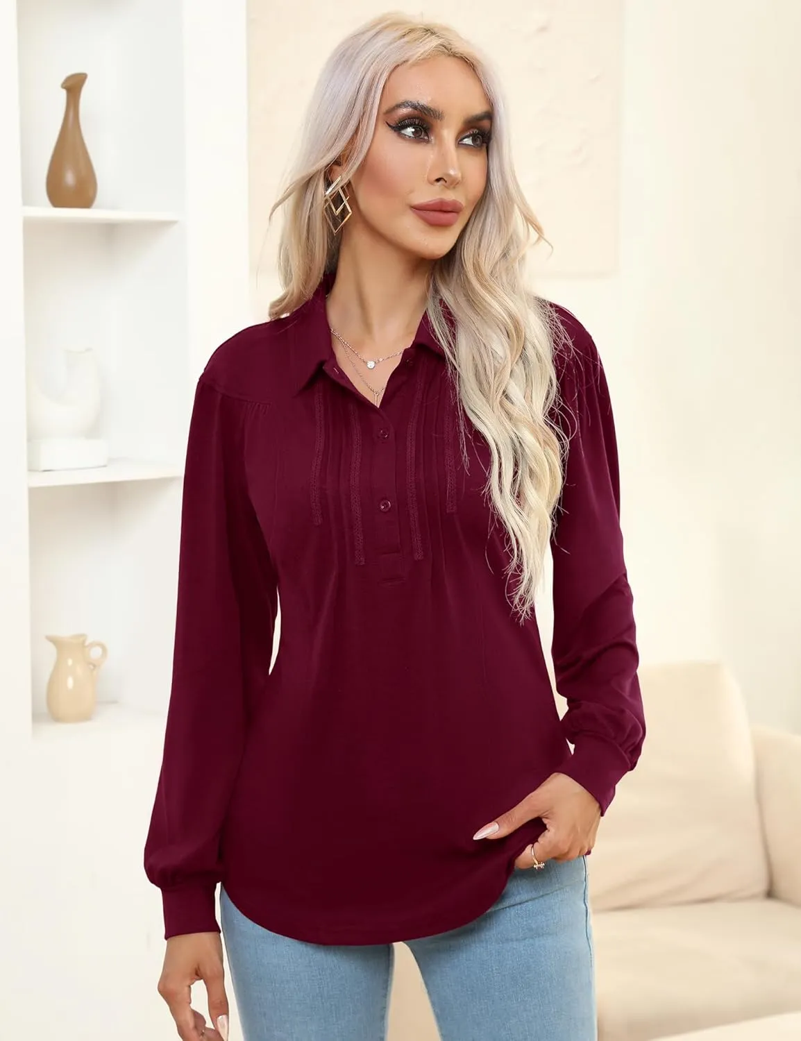 Micoson Polo Shirts for Women Long Sleeve Button Down Collared Tops Loose Casual Tunic Blouses