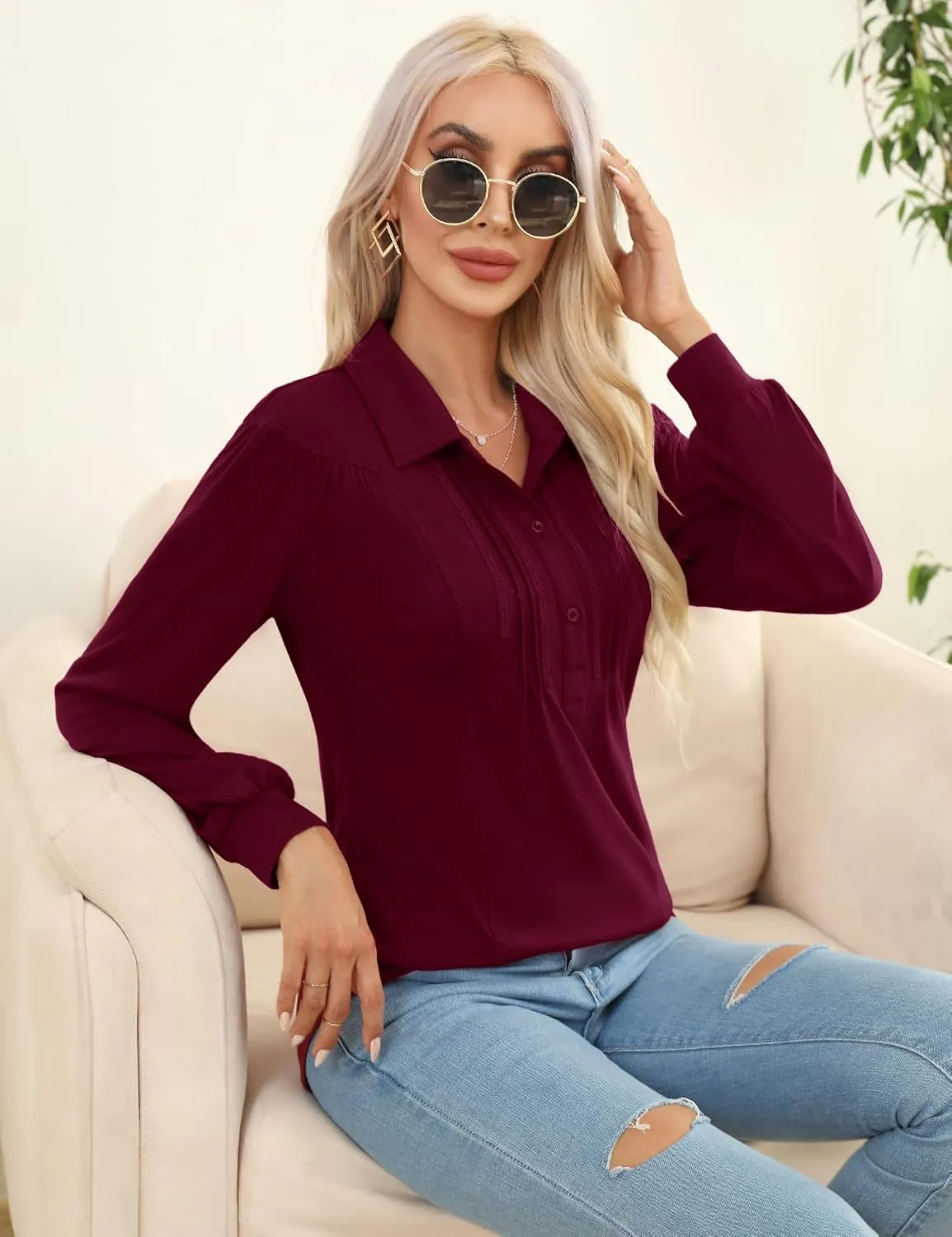 Micoson Polo Shirts for Women Long Sleeve Button Down Collared Tops Loose Casual Tunic Blouses