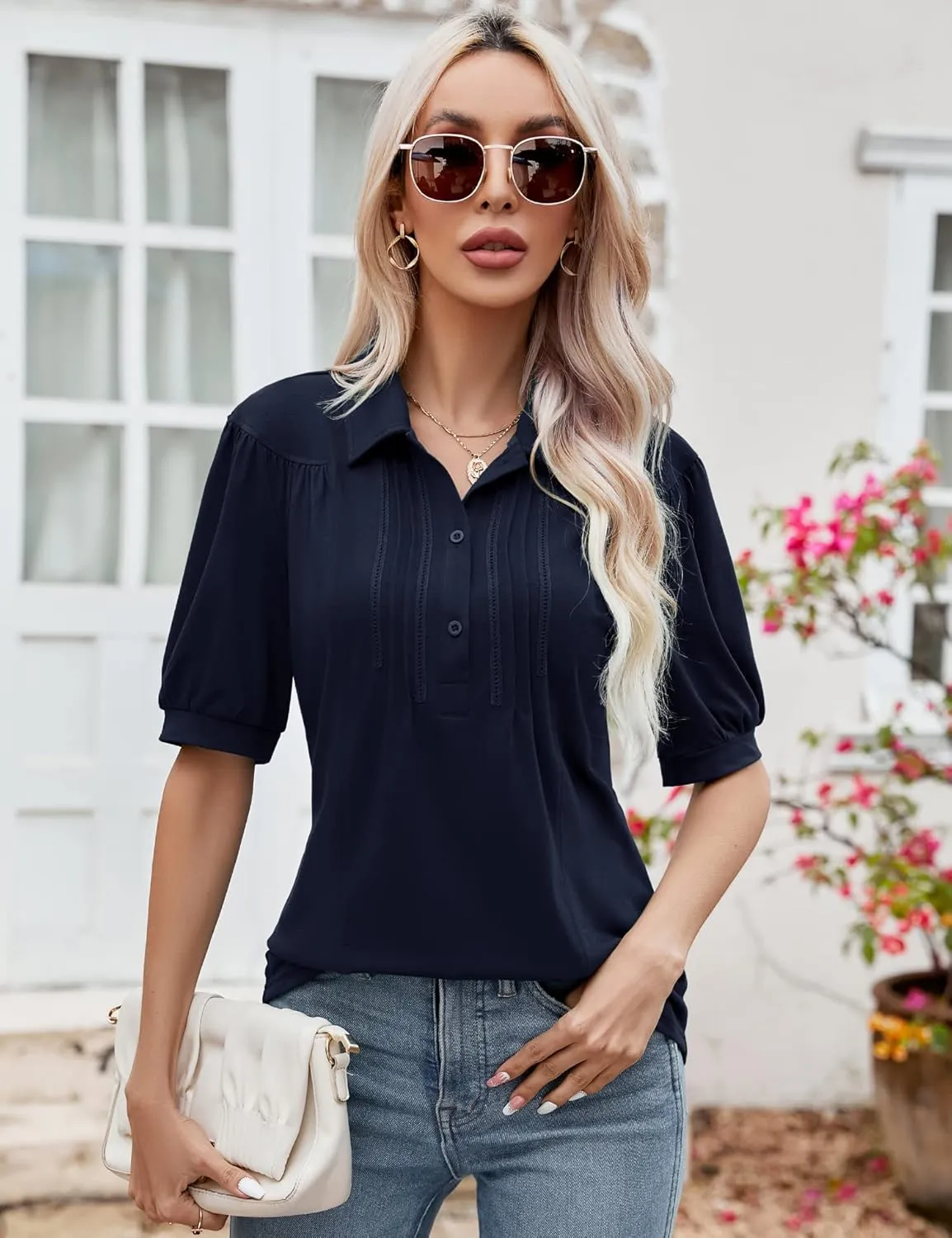 Micoson Womens Blouses Dressy Casual Short Sleeve Button Down Collared Polo Shirt Loose Tunic 2023 Summer Tops