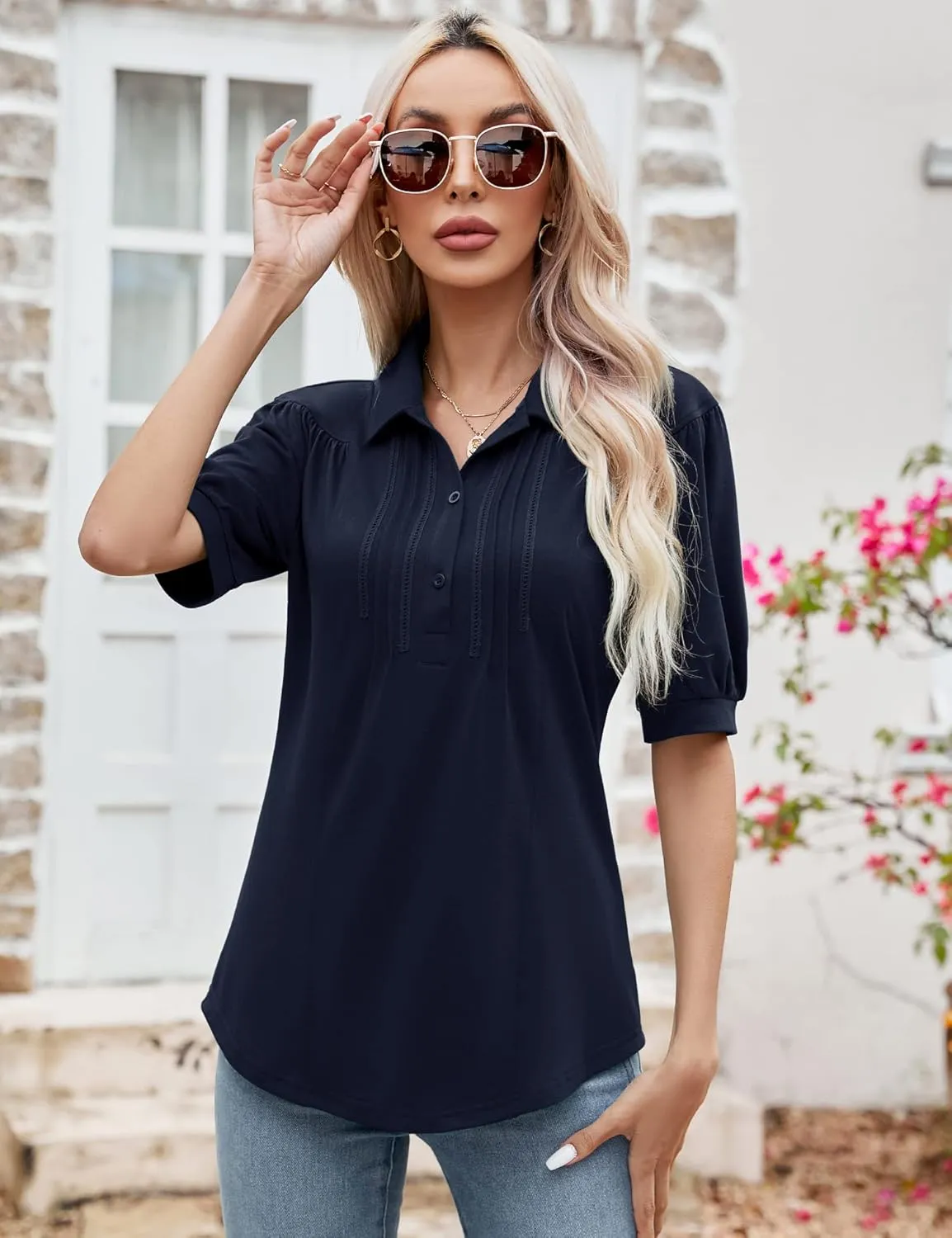 Micoson Womens Blouses Dressy Casual Short Sleeve Button Down Collared Polo Shirt Loose Tunic 2023 Summer Tops