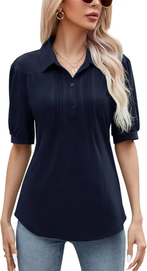 Micoson Womens Blouses Dressy Casual Short Sleeve Button Down Collared Polo Shirt Loose Tunic 2023 Summer Tops