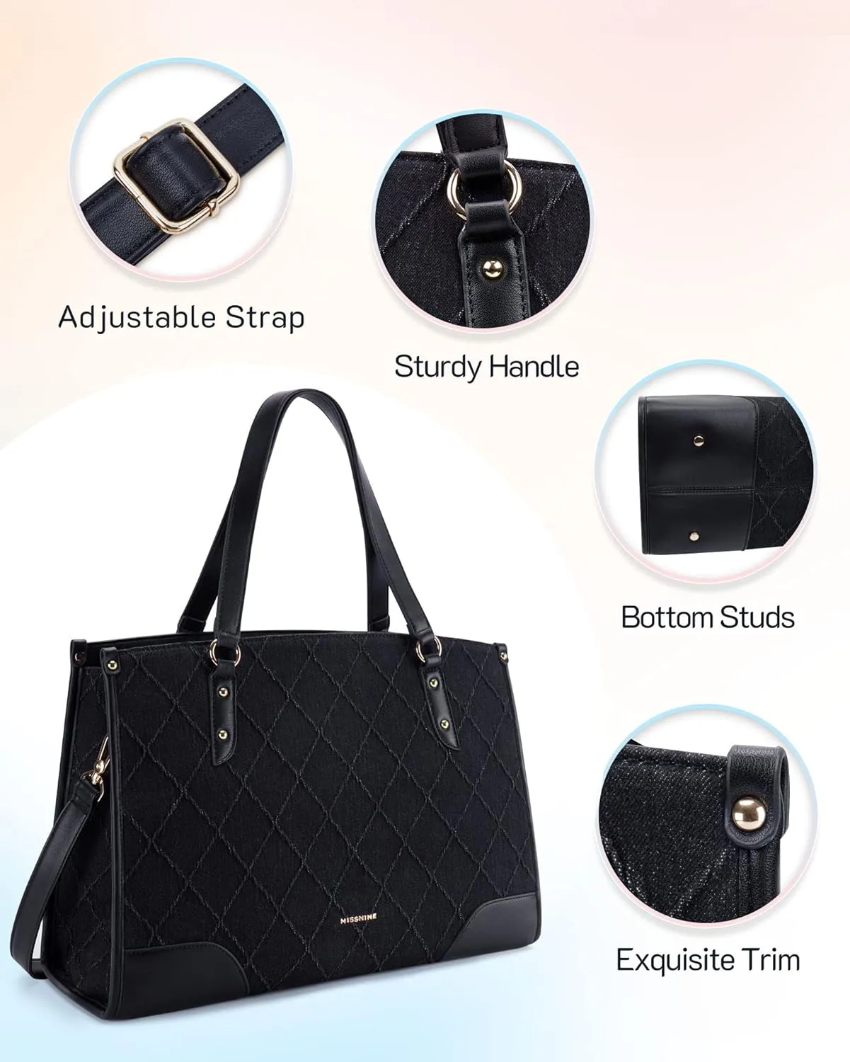 Missnine Denim Tote Bag for Women - Casual & Work - 15.6 inch Shoulder Bag for Office & Business
