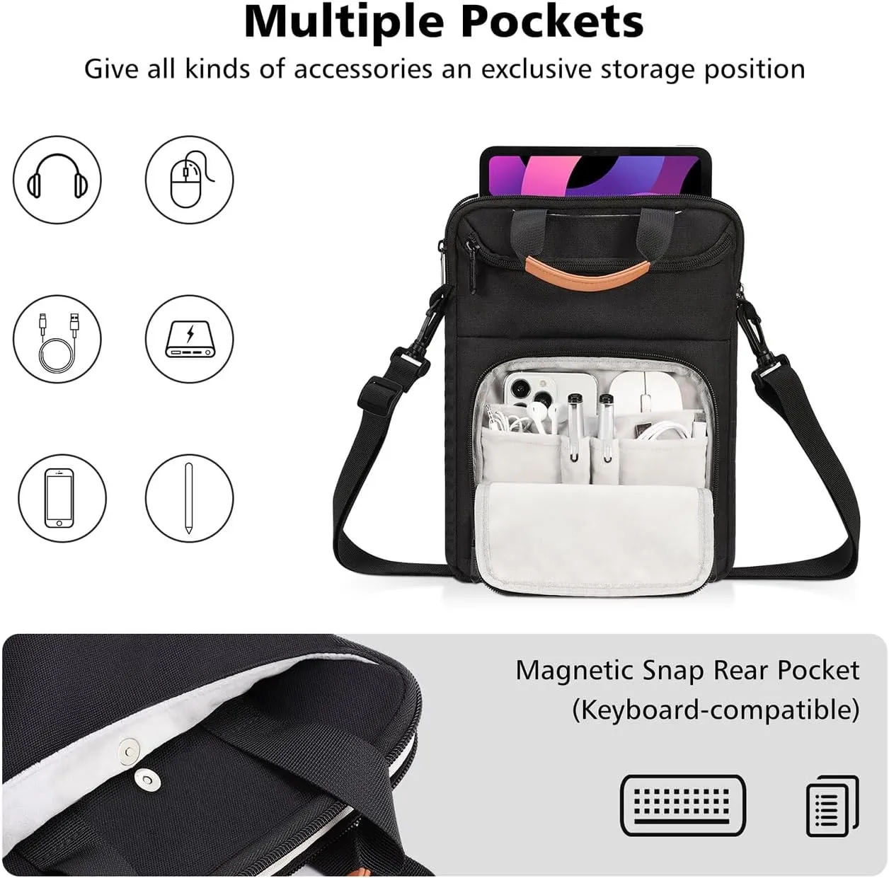 MoKo 9-11 Inch Tablet Sleeve Bag Carrying Case Fits New iPad Air/iPad Pro 11 inch 2024, iPad Air 5 10.9, iPad 10th 10.9, iPad 9/8th 10.2, Tab S8/S9 11, with Shoulder Strap, Handle and Pockets, Black