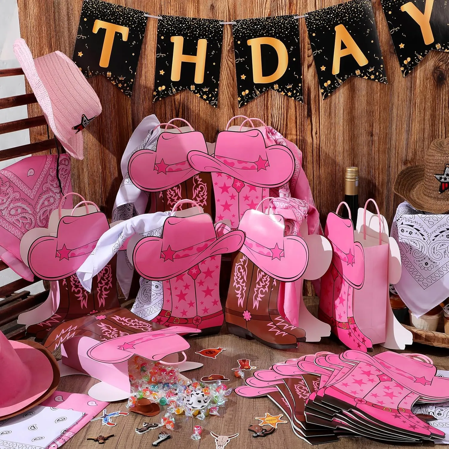 Mooliwe 16 Pcs Western Cowboy Cowgirl Boots Gift Paper Bags with Paisley Bandanas Western Themed Favors Wild West Kraft Paper Bags Bachelor Party Last Rodeo Party Supplies(Pink)