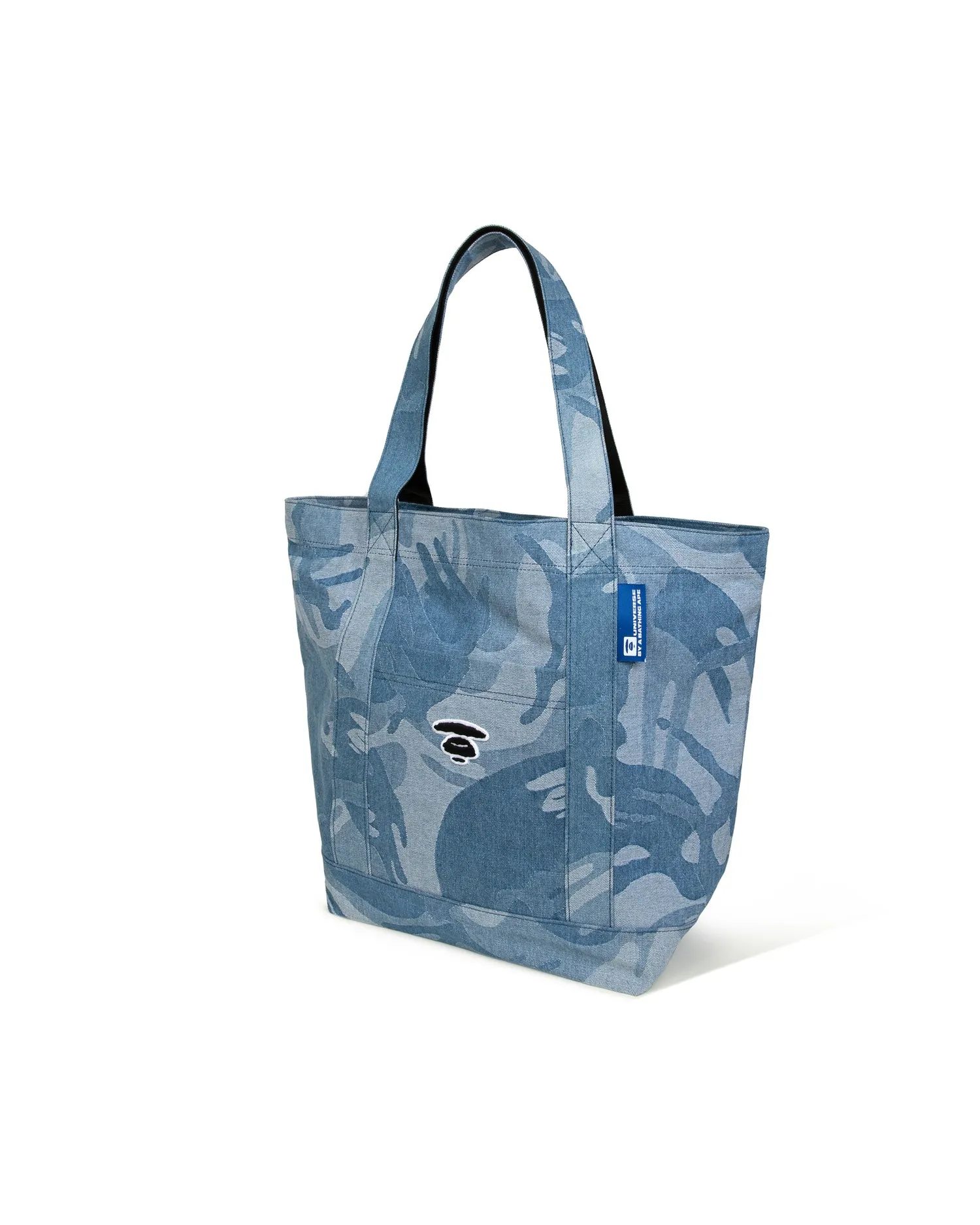 Moonface embroidered camo denim tote