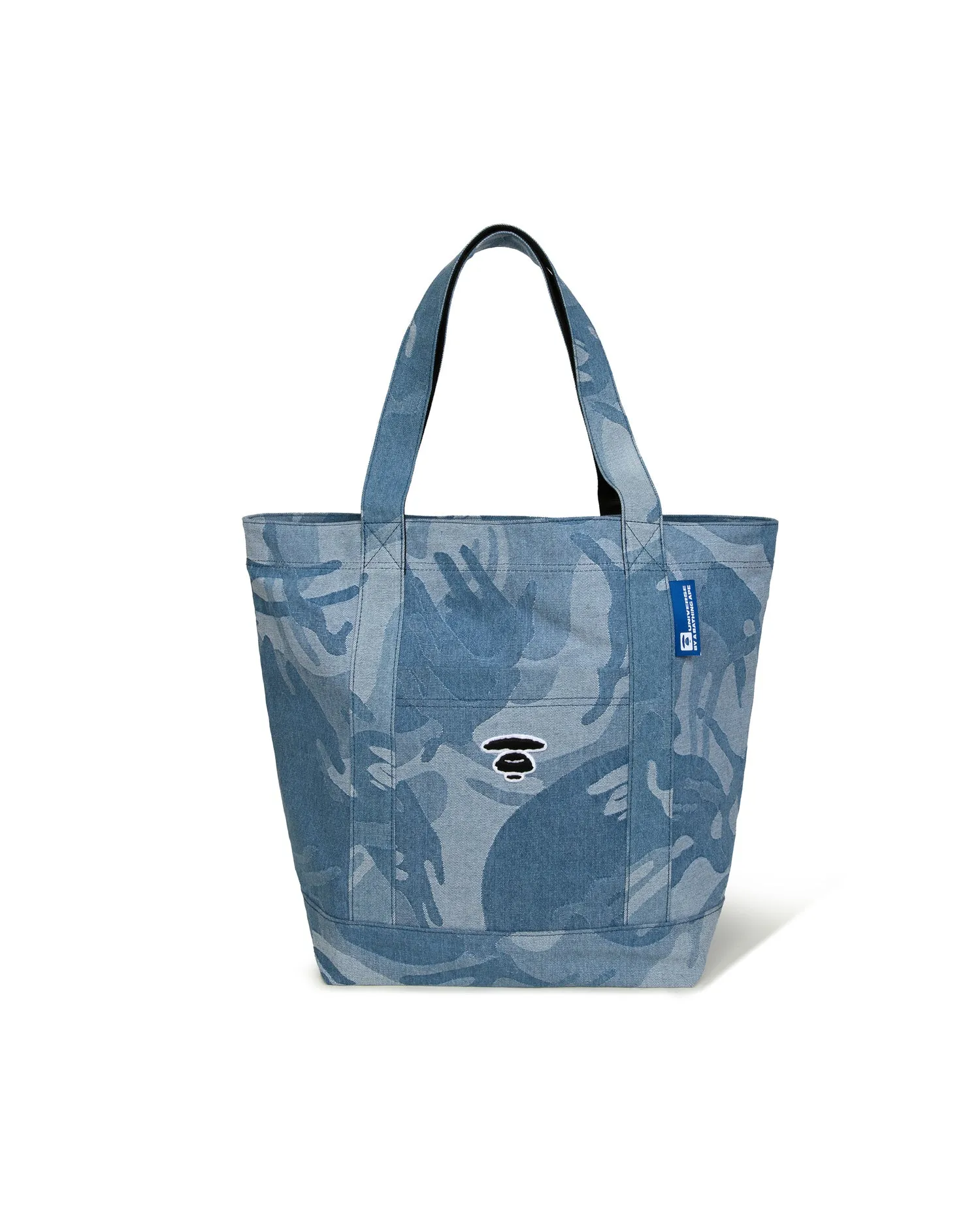Moonface embroidered camo denim tote