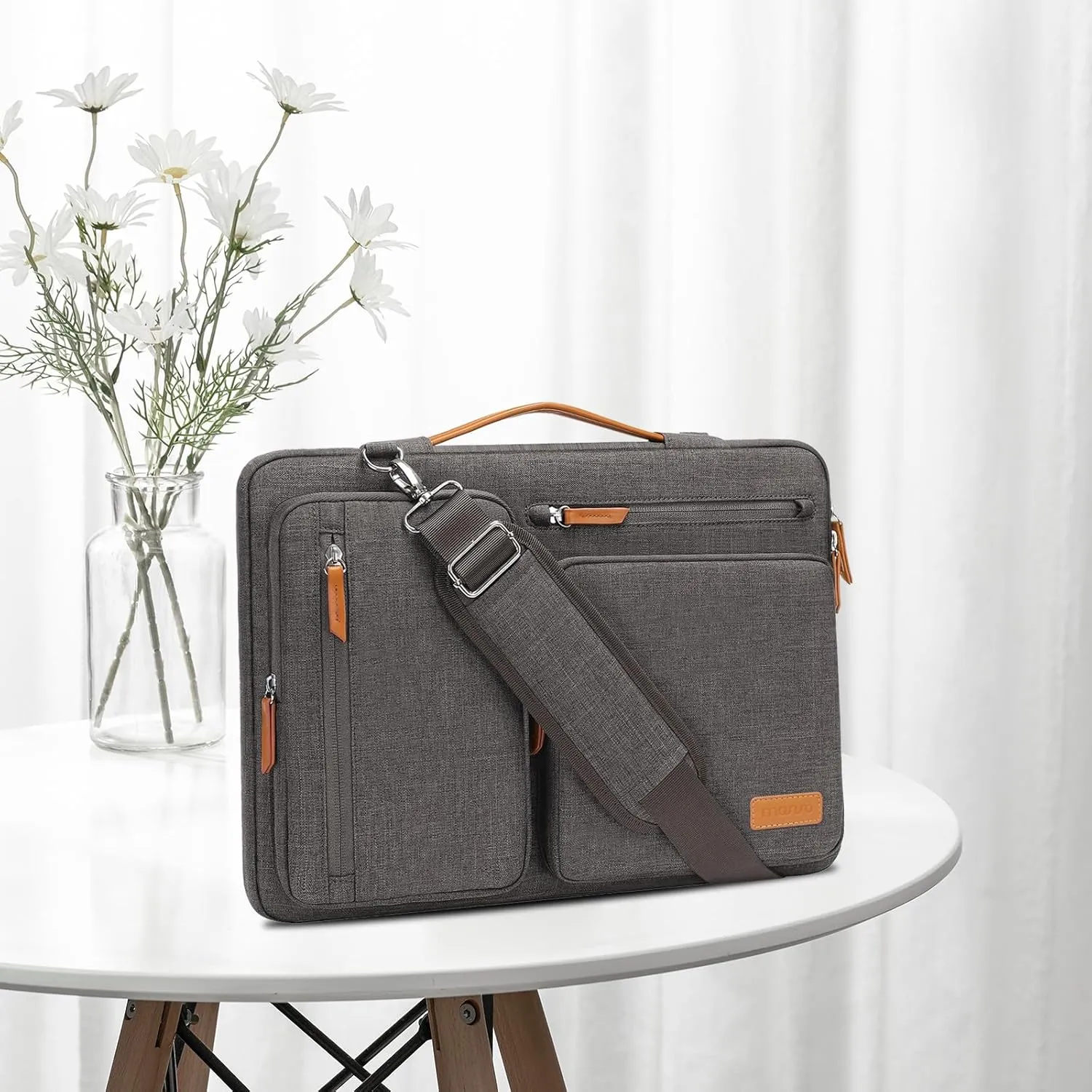 MOSISO 360 Protective Laptop Shoulder Bag,15-15.6 inch Computer Bags Compatible with MacBook Pro 16 inch, HP, Dell, Lenovo, Asus Notebook,Side Open Messenger Bag with 4 Zipper Pockets, Taupe Gray