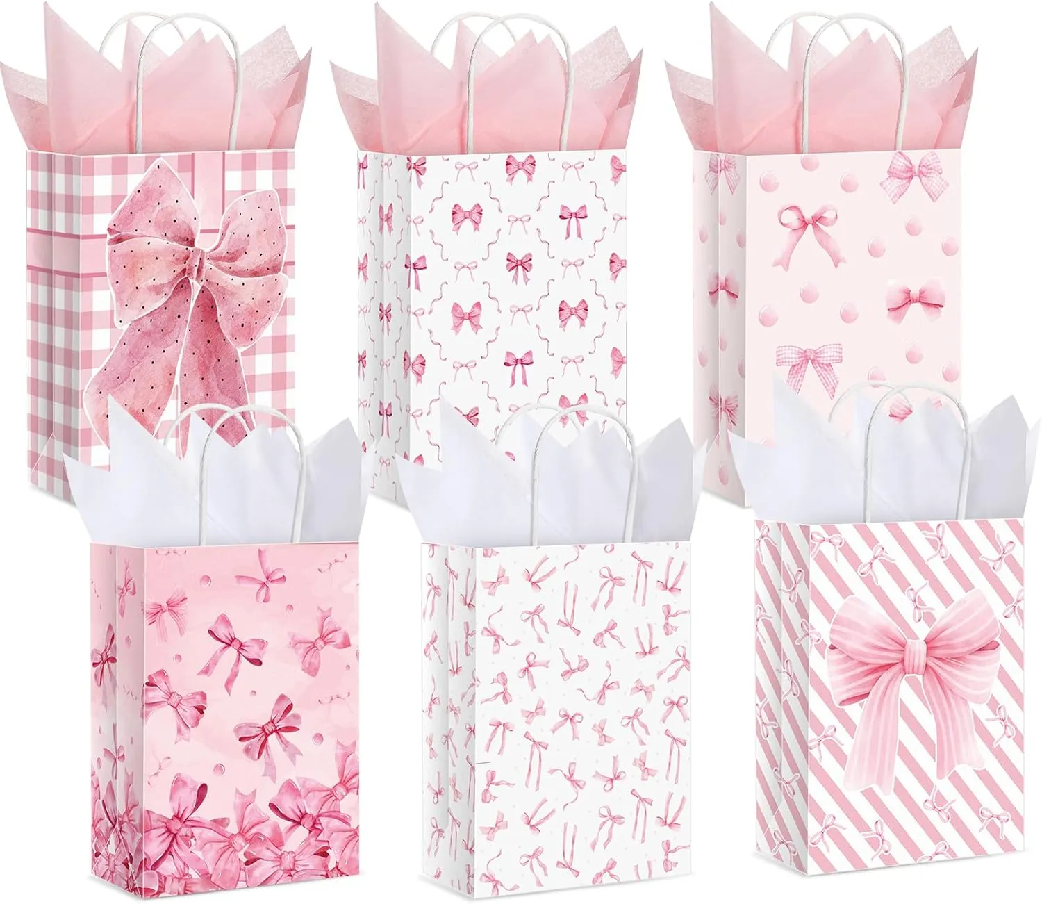 MotiMind 24 Pcs Paper Gift Bags with Tissue Papers Pink Bow Party Favor Bag with Handles 8.3 x 5.9 x 3.15 inch Goodie Treat Candy sack for Bachelorette Bridal Shower Wedding Birthday(White Pink)