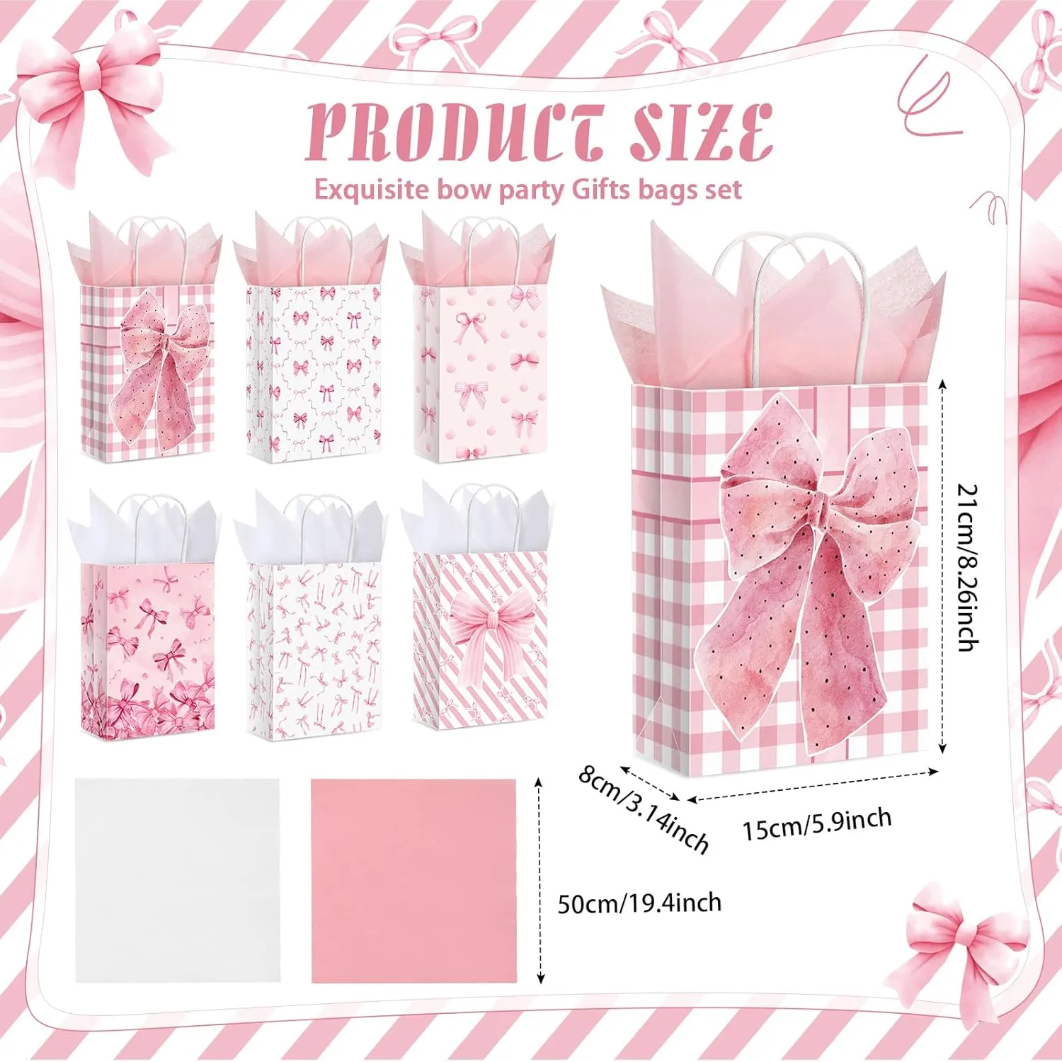 MotiMind 24 Pcs Paper Gift Bags with Tissue Papers Pink Bow Party Favor Bag with Handles 8.3 x 5.9 x 3.15 inch Goodie Treat Candy sack for Bachelorette Bridal Shower Wedding Birthday(White Pink)