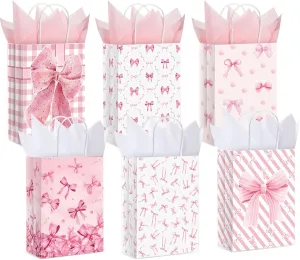 MotiMind 24 Pcs Paper Gift Bags with Tissue Papers Pink Bow Party Favor Bag with Handles 8.3 x 5.9 x 3.15 inch Goodie Treat Candy sack for Bachelorette Bridal Shower Wedding Birthday(White Pink)