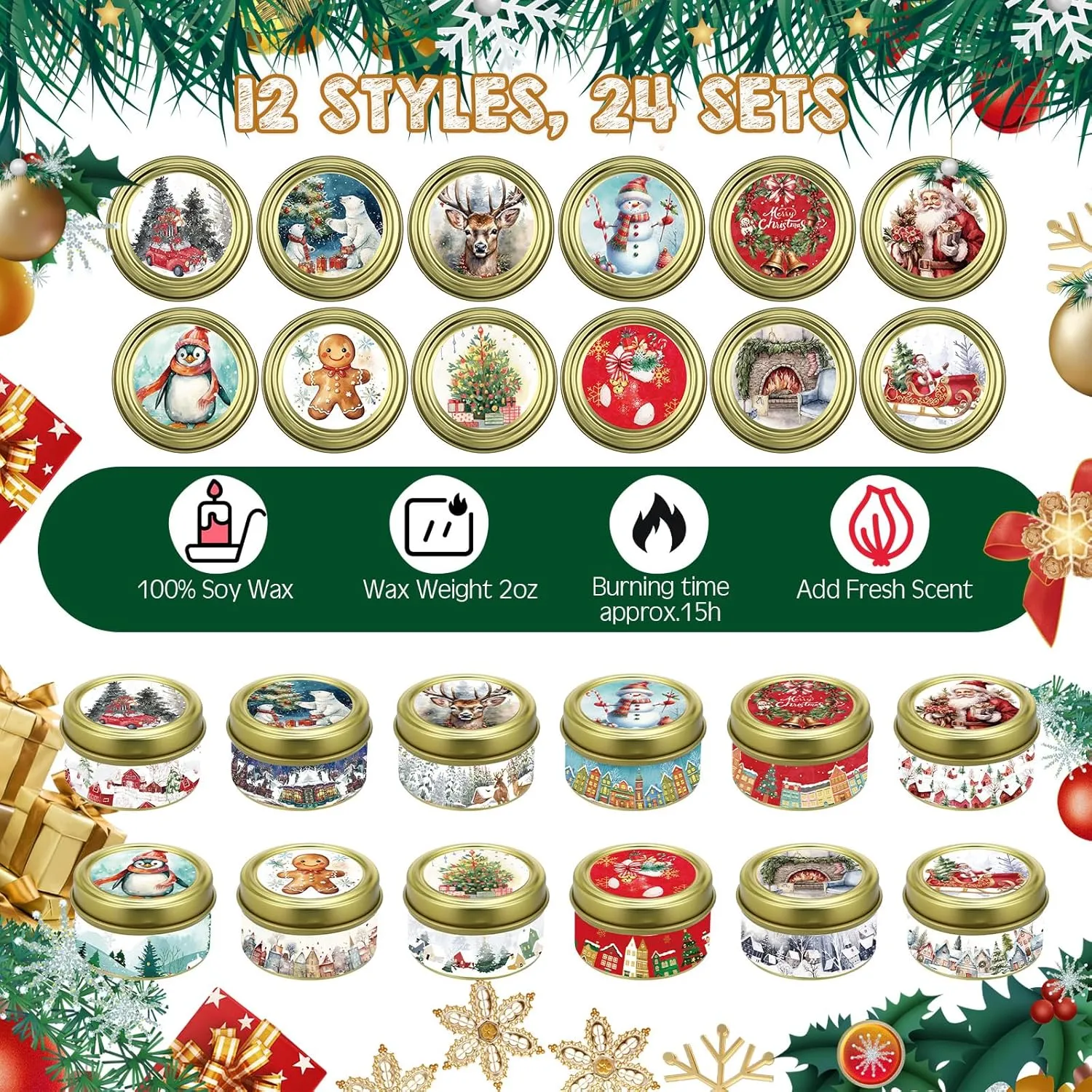 MTLEE 24 Sets Christmas Scented Soy Wax Candles Aromatherapy Candles with Organza Bag and Cards Bulk, Portable Travel Tin Candle Party Favors Christmas Gifts for New Year Home Supplies(Romantic)