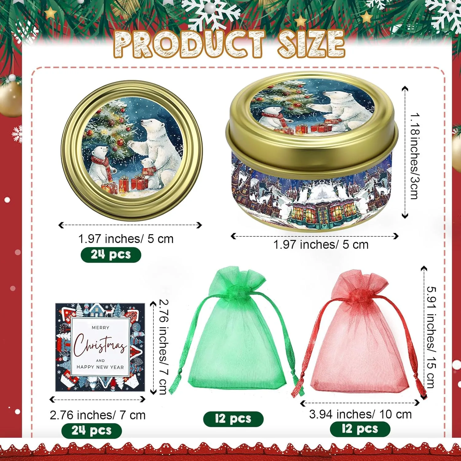 MTLEE 24 Sets Christmas Scented Soy Wax Candles Aromatherapy Candles with Organza Bag and Cards Bulk, Portable Travel Tin Candle Party Favors Christmas Gifts for New Year Home Supplies(Romantic)