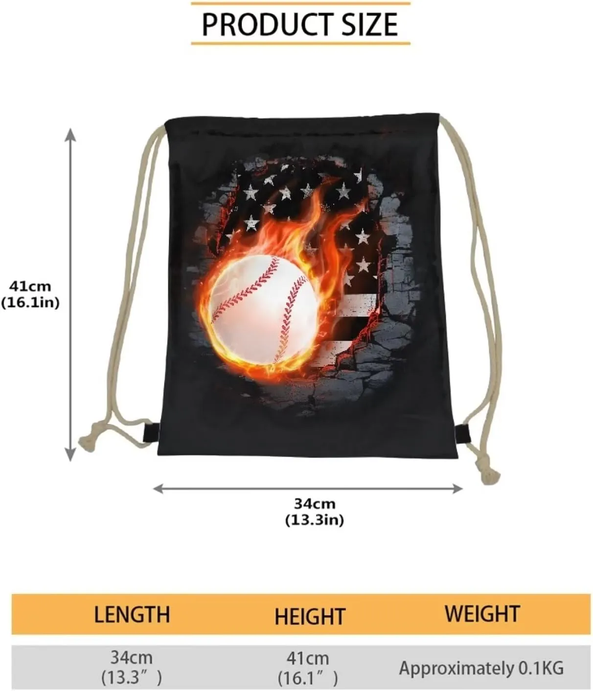 Mumeson Drawstring Backpack Lightweight Gym Sport Bag With Adjustable Strap, Baseball American Flag Print