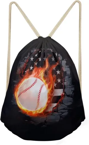 Mumeson Drawstring Backpack Lightweight Gym Sport Bag With Adjustable Strap, Baseball American Flag Print