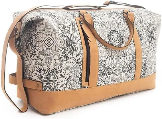 Myra Bag Western Leather Duffle Bag for Women - Upcycled Canvas Shoulder Travel Bag White, S-9795