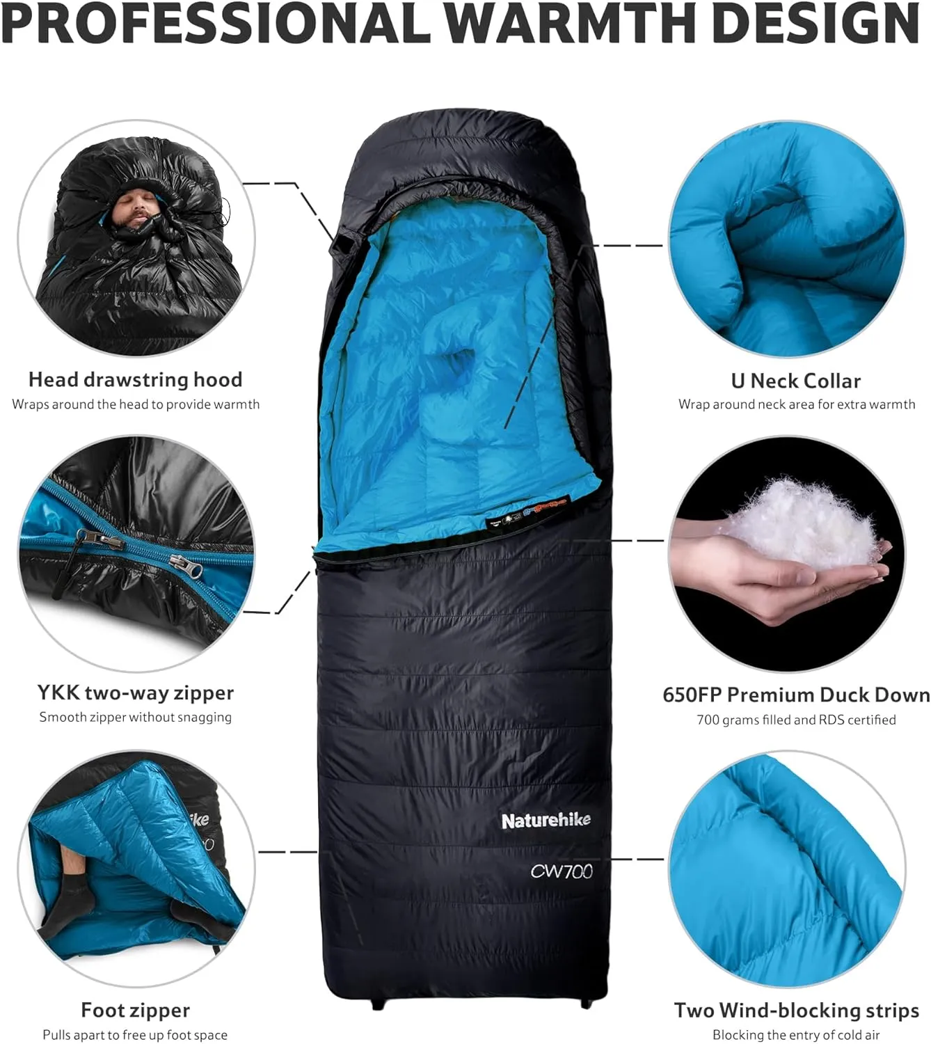 Naturehike 0 Degree Ultralight Down Sleeping Bag for Adults, 650FP Backpacking Cold Weather Sleeping Bag with RDS Down, 28.9℉ Sleeping Bags for Camping, Hiking, 2025 Model CW700