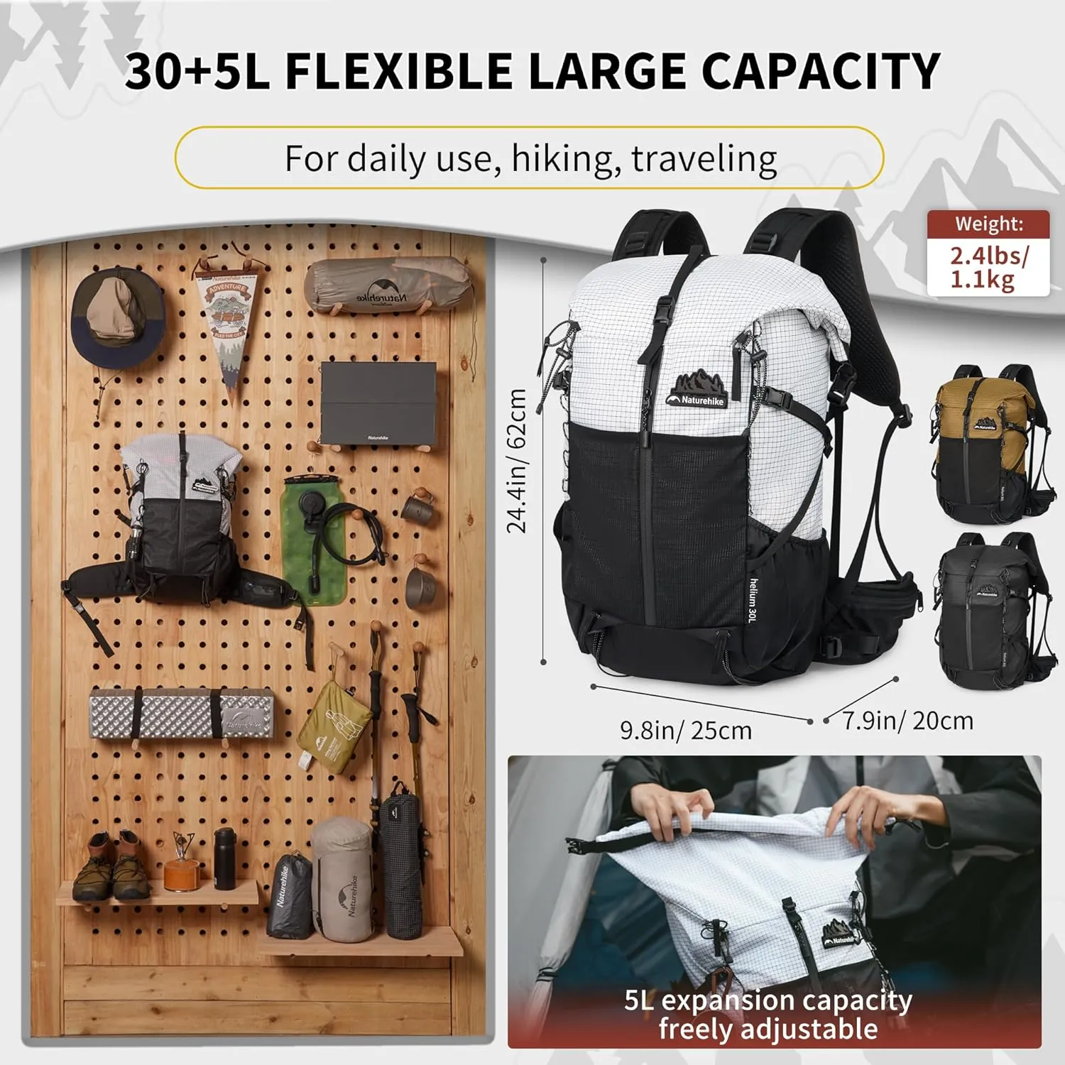 Naturehike Hiking Backpack, 30 5L Travel Backpack with Macromolecule Fabric, Hiking Daypack with AIR Backpack System for Women Men