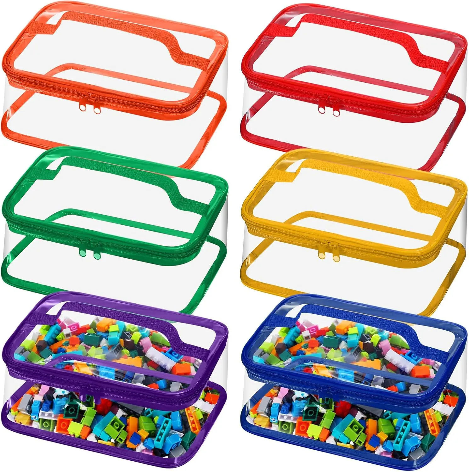 Nitial 6 Packs Clear Toy Storage Bags PVC Organizing Toys Bags with Zipper for Kids Building Blocks Board Games Christmas Valentines Birthday Gift(Bright Colors)